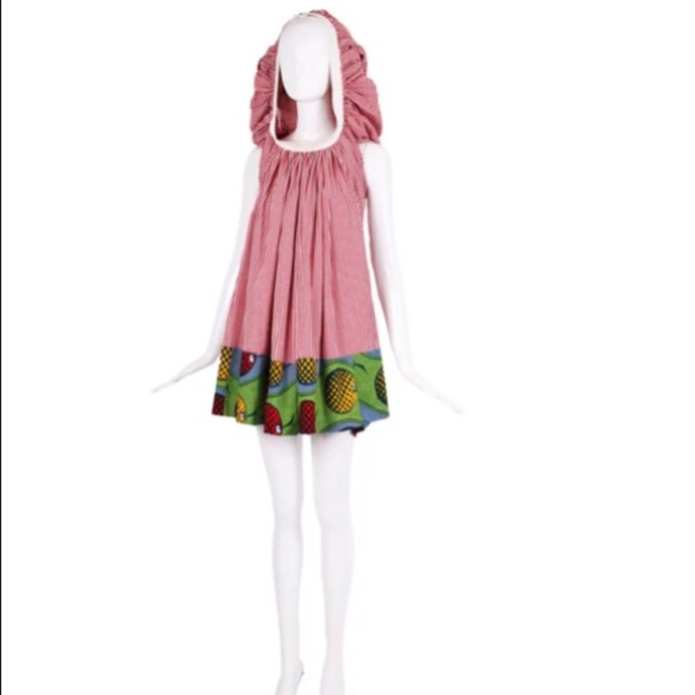 Junya Watanabe Comme des Garcons gingham dress with print trim bubble hood 2007